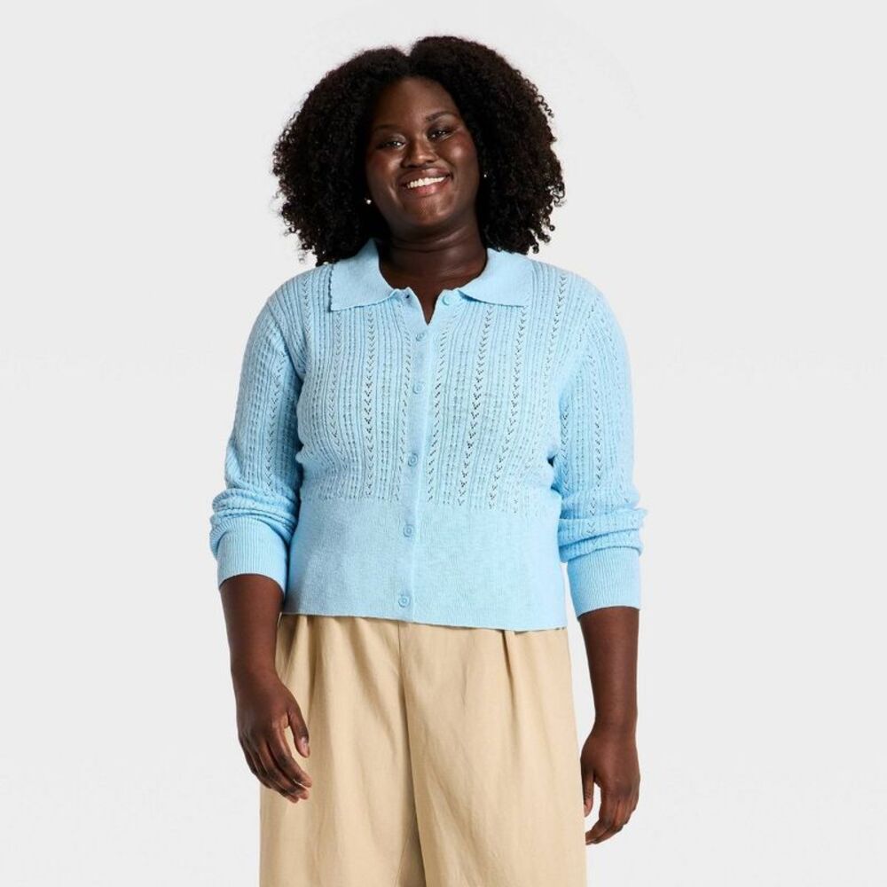 Women's Long Sleeve Pointelle Collared Cardigan - Universal Thread Blue 2X